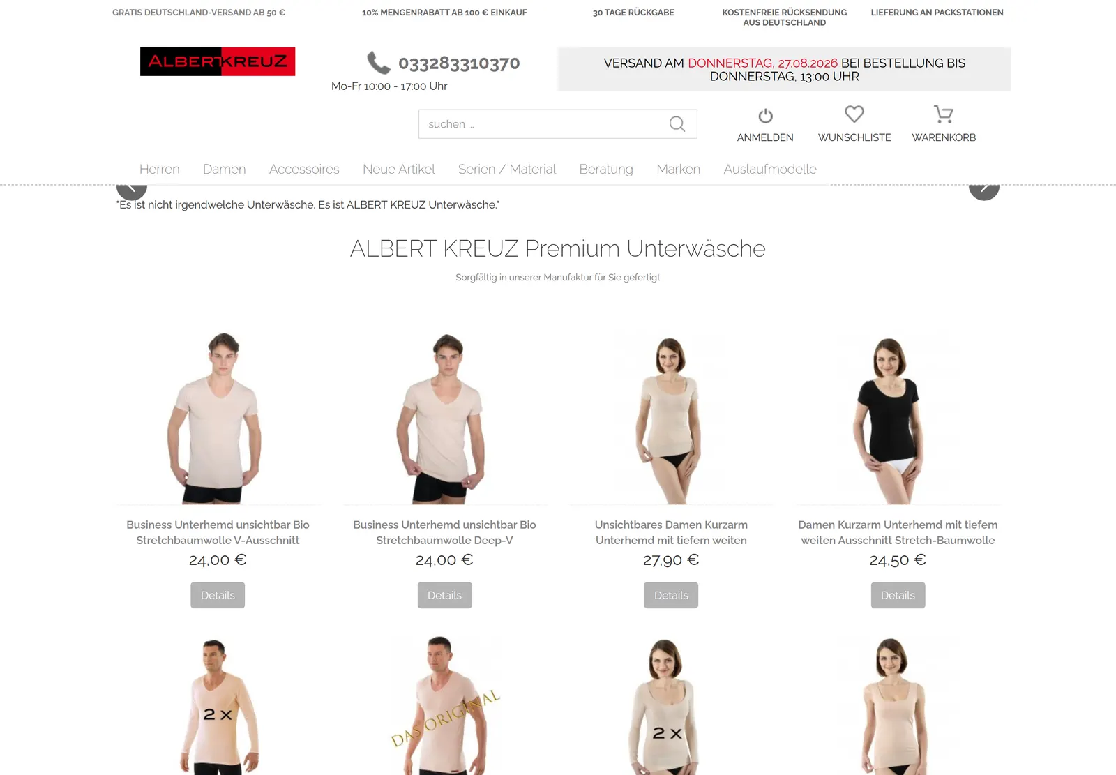 albert-kreuz.de vor der Migration: Oxid eShop von 2008 mit veraltetem, dicht gedrängtem Desktop-Layout