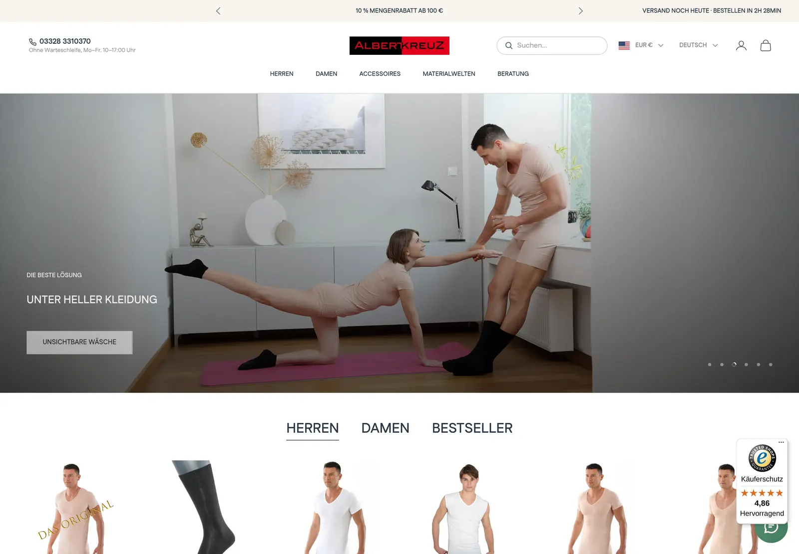 albert-kreuz.de nach der Migration: moderner Shopify-Shop mit großflächigem Hero, klarer Navigation und Trusted-Shops-Siegel