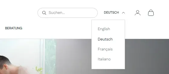 Sprachauswahl im Header: Englisch, Deutsch, Französisch, Italienisch