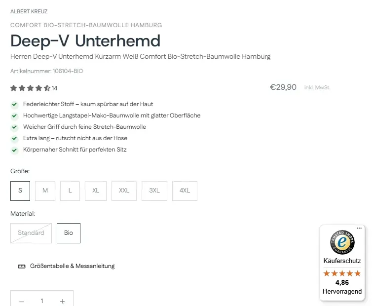 Produktseite mit Sternebewertung und Trusted-Shops-Käuferschutz-Siegel (4,86)