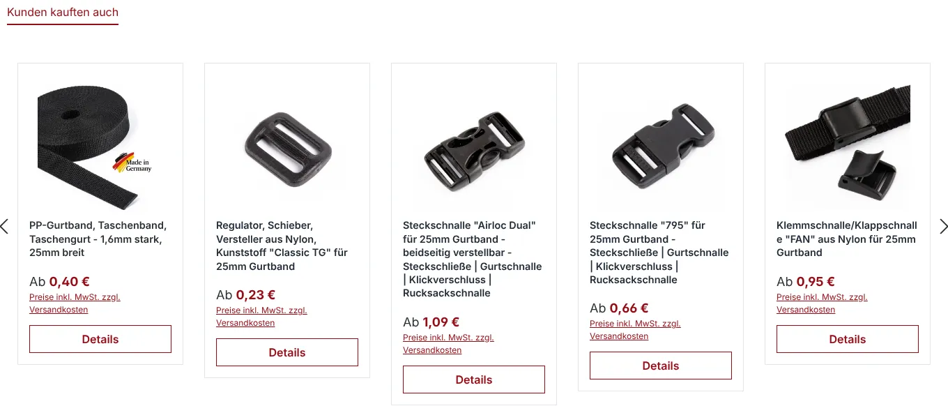„Kunden kauften auch“ auf der Produktseite einer 25-mm-Steckschnalle