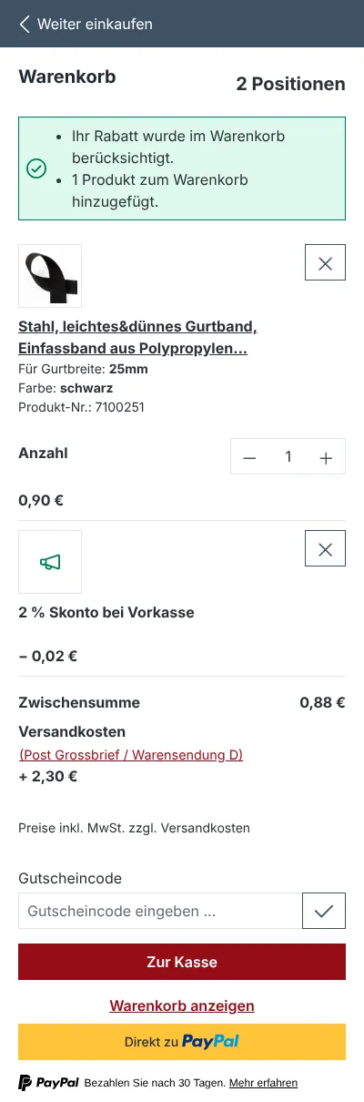 Warenkorb-Fenster mit „Zur Kasse“, PayPal-Knopf und Hinweis zur gesetzlichen Gewährleistung