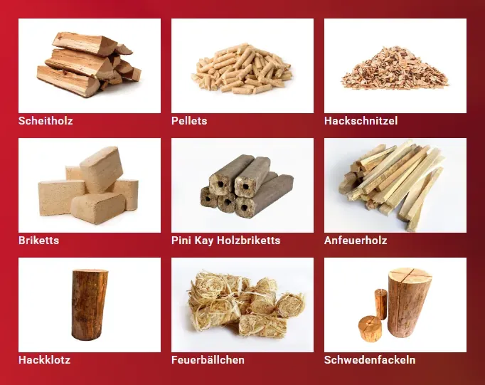 Sortiment von Scheitholz über Briketts und Pellets bis Schwedenfackeln