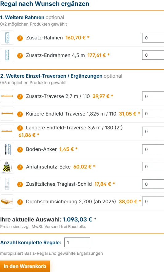 „Regal nach Wunsch ergänzen“: weitere Rahmen, Traversen und Zubehör zum Basis-Regal wählen