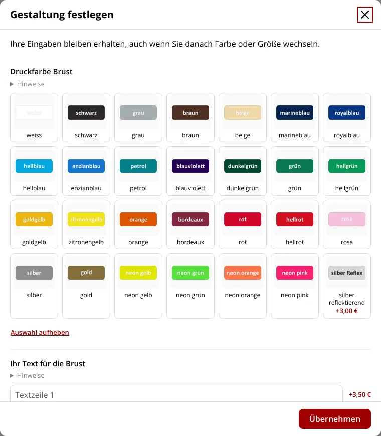 Fenster „Gestaltung festlegen“: Druckfarbe mit Vorschau, Textfeld und Aufpreise je Option