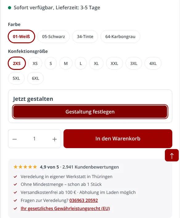 Kaufbereich mit „Jetzt gestalten“, Lieferzeit, Bewertung und Vorteilen
