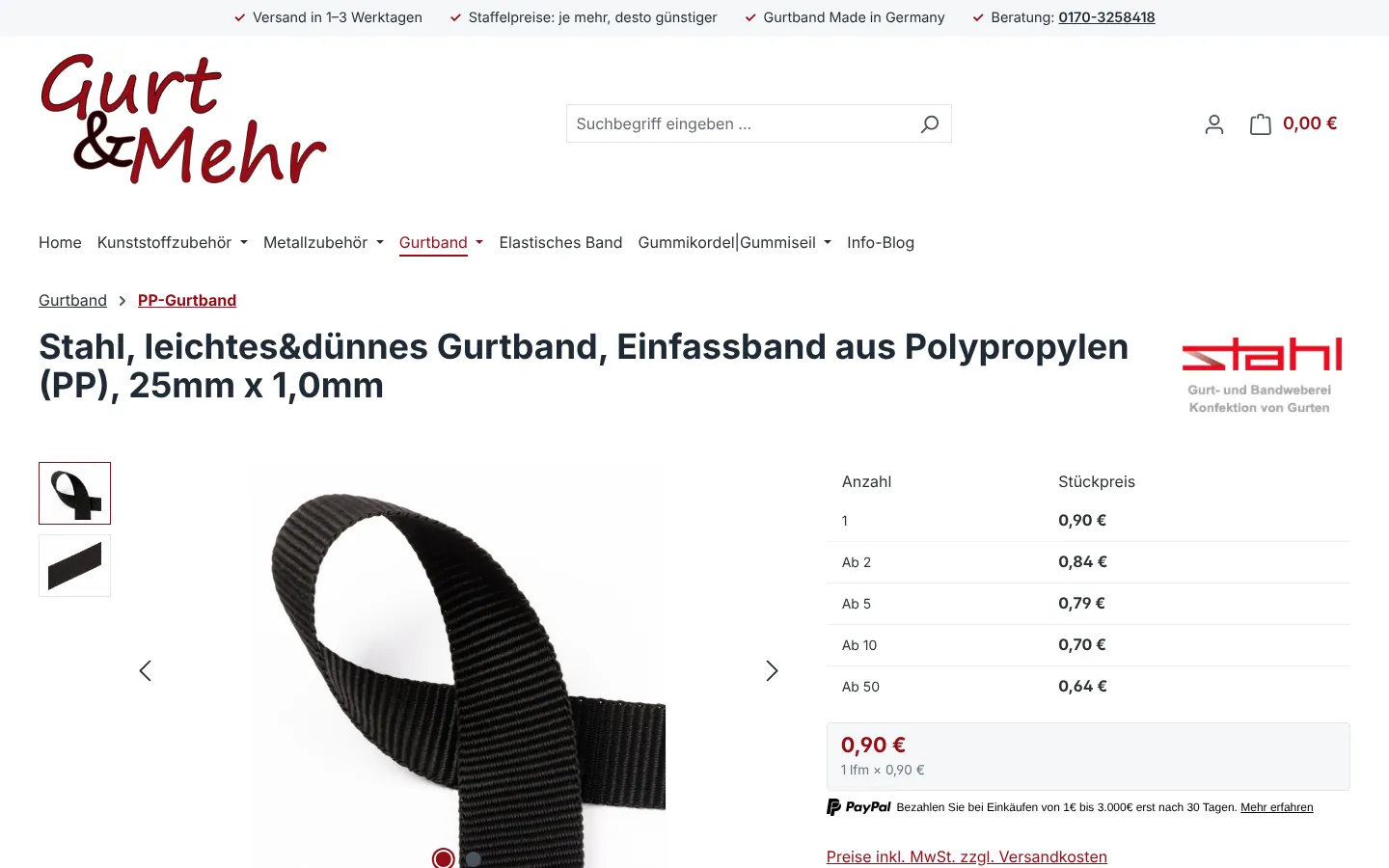 gurtundmehr.de nach der Migration: dieselbe Produktseite auf Shopware 6 mit Staffelpreisen und PayPal-Hinweis