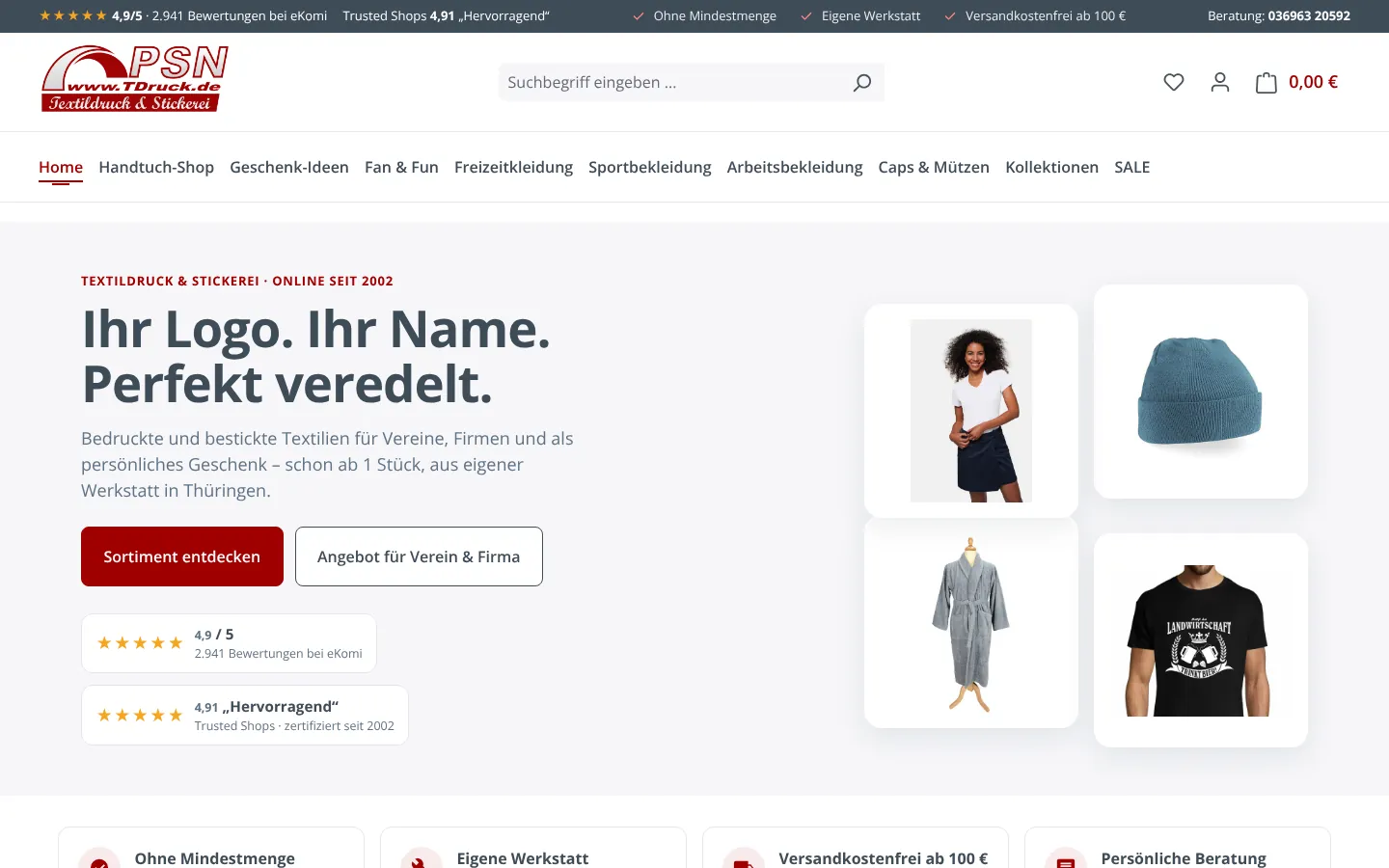 tdruck.de nach der Migration: neue Startseite auf Shopware 6 mit „Ihr Logo. Ihr Name. Perfekt veredelt.“ und Bewertungen von eKomi und Trusted Shops