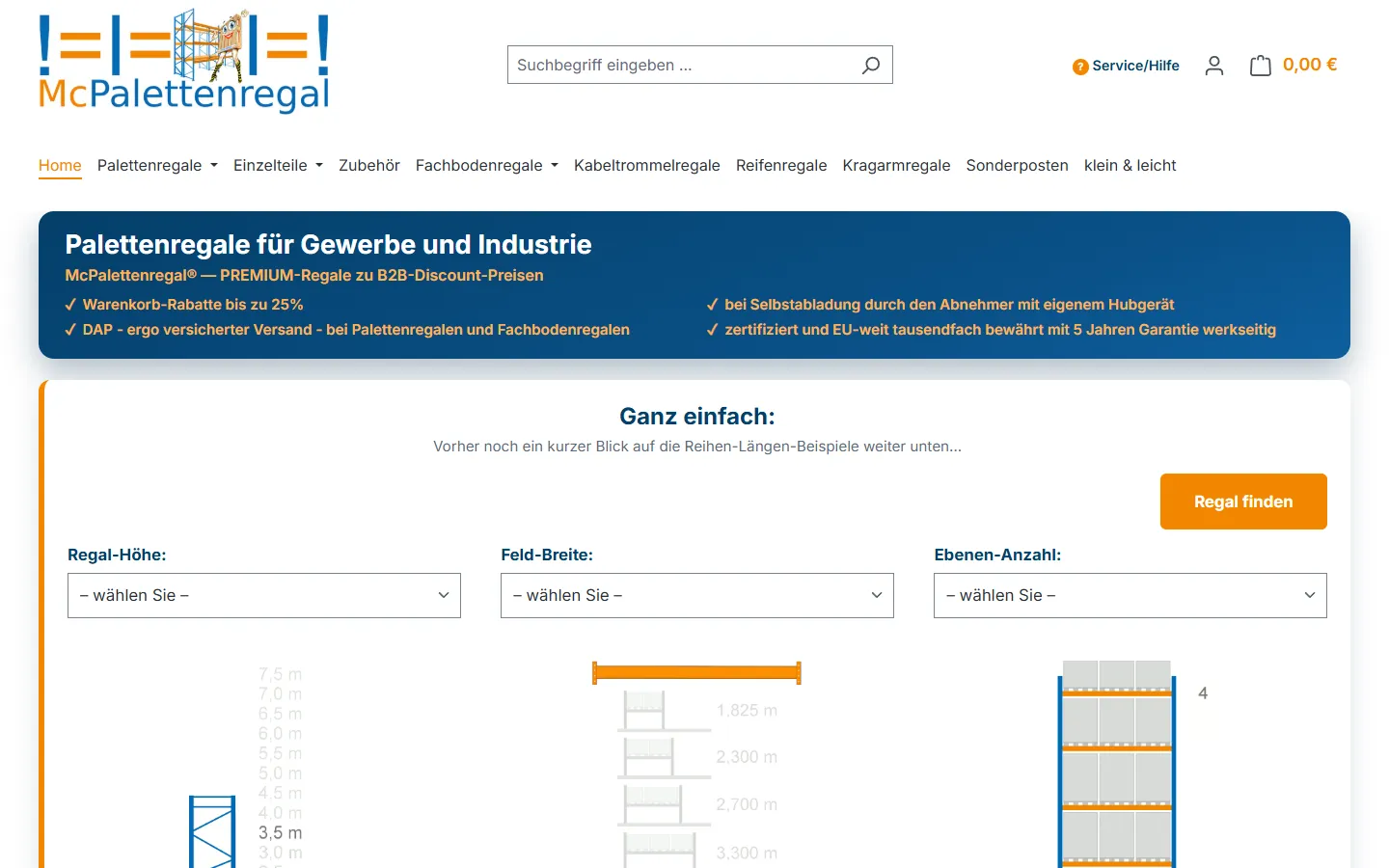 Startseite von www.mcpalettenregal.de auf dem Desktop nach der Migration zu Shopware 6