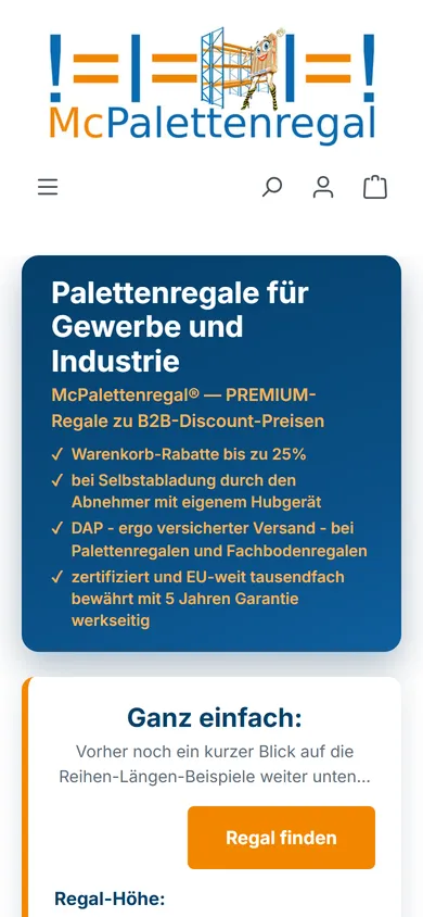 Startseite von www.mcpalettenregal.de auf dem Smartphone