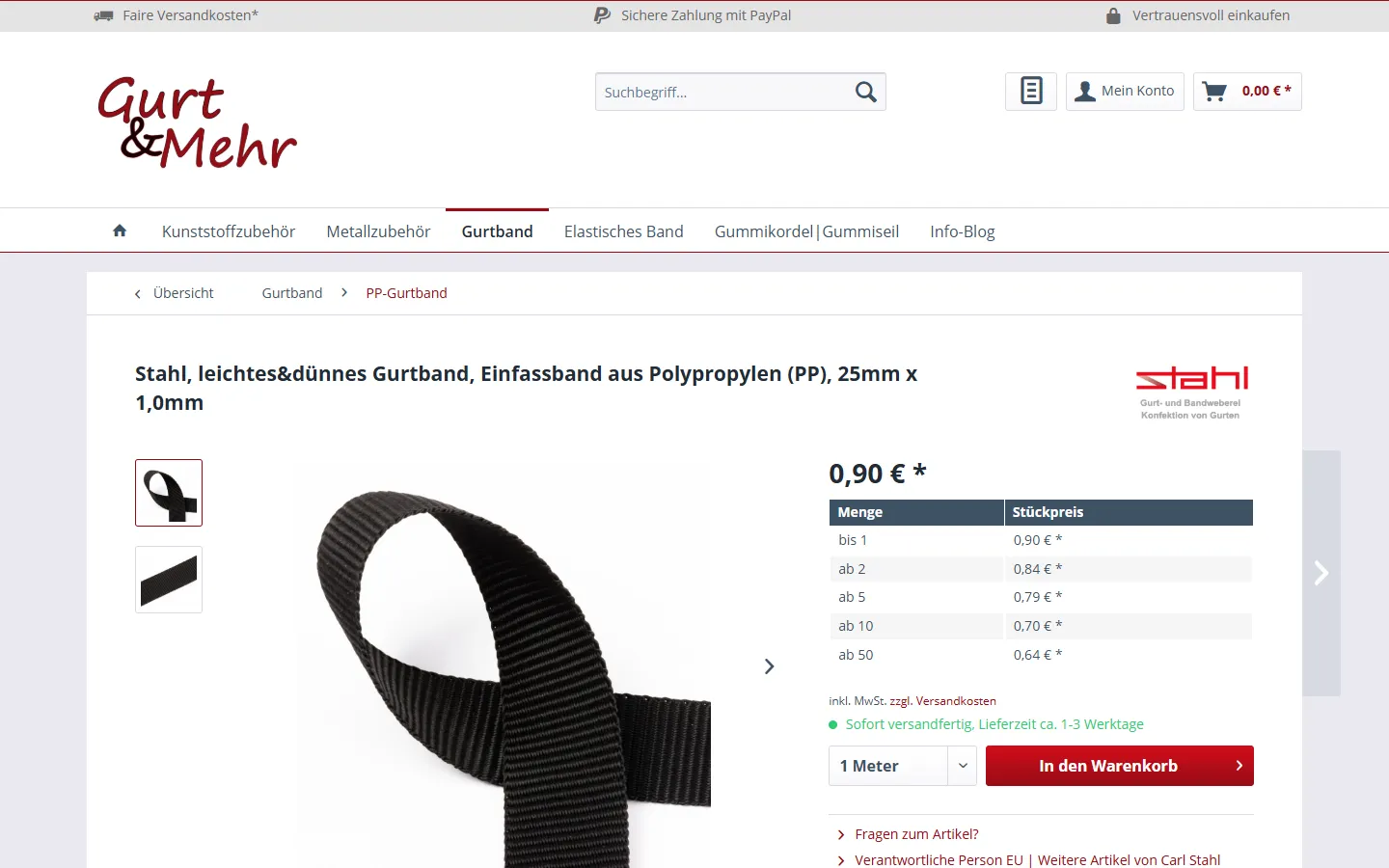 gurtundmehr.de vor der Migration: Produktseite eines PP-Gurtbands im Shopware-5-Layout mit Staffelpreistabelle